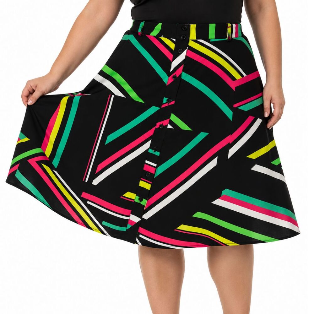Bar III Plus Sz 14 A-Line Knee Length Skirt Black Neon Stripe Button Front Midi